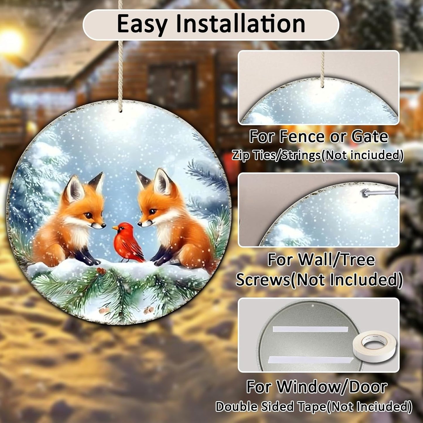 Christmas Round Fox Metal Tin Sign - Red Bird Winter Vintage Sign for Home & Outdoor Decorations - 8 * 8 in