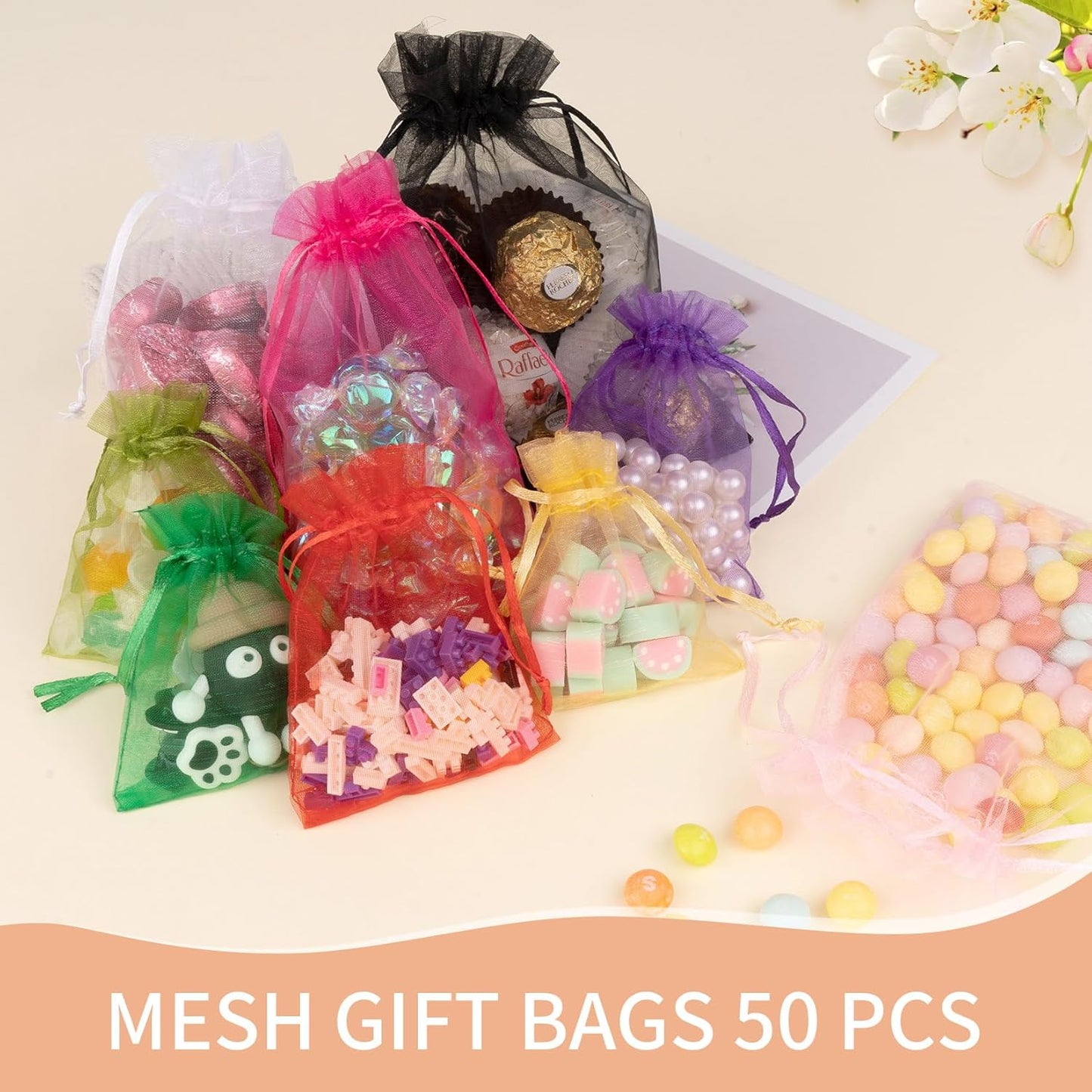 50 Pcs Pink Organza Bags 5x7 Inch, Small Mesh Bags Drawstring Jewelry Pouch Gift Bag Goody Bag for Wedding Party Favor