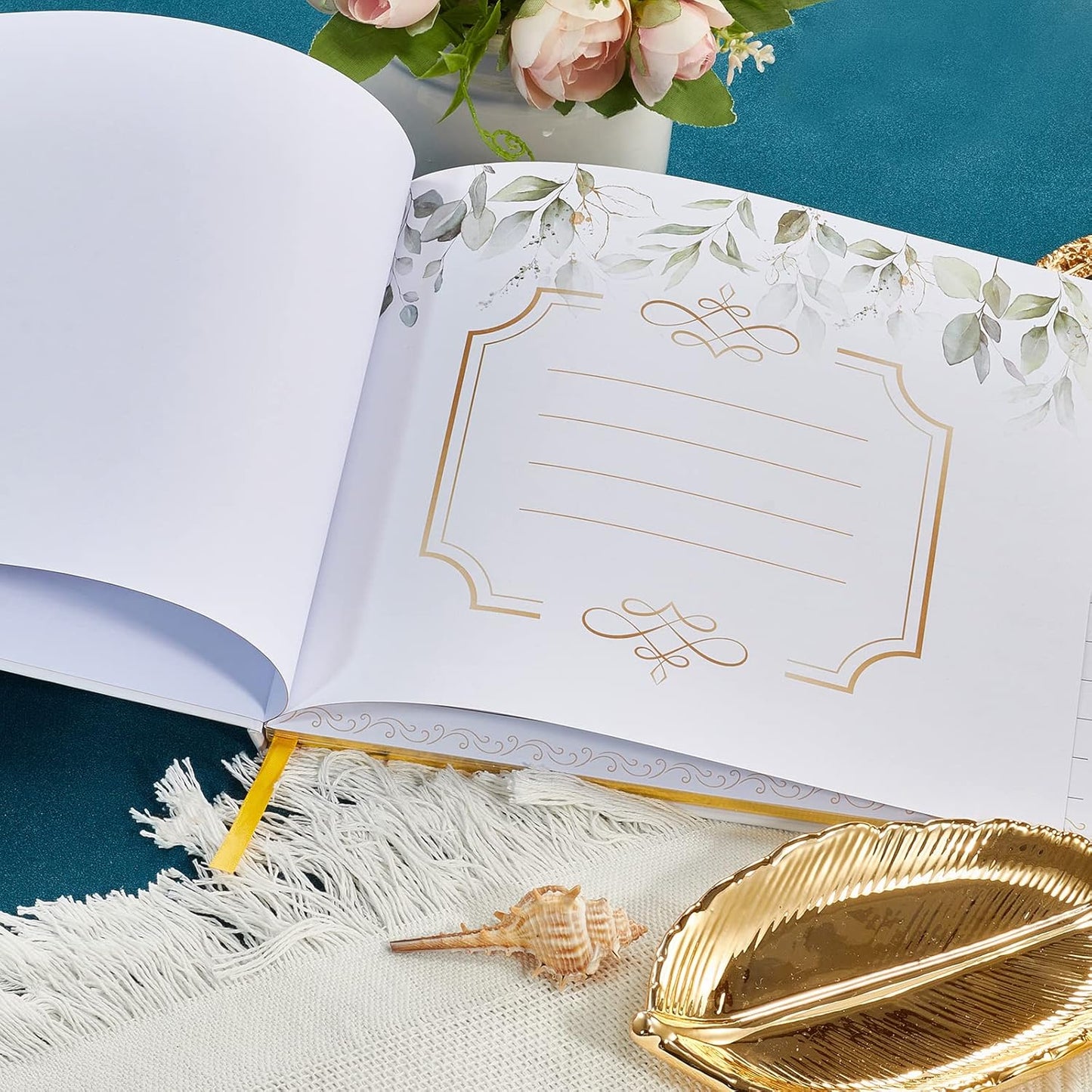 TRULIVA Wedding Guest Book with Pen - Sign in Book for Wedding Reception - Gold Foil - Hard Cover, 7" x 9" (Eucalyptus Gold Foil, Book and Pen)
