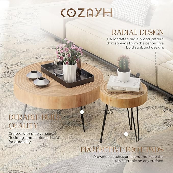 COZAYH 2-Piece Round Nesting Coffee Table Set, Natural Wood Top - Image 4