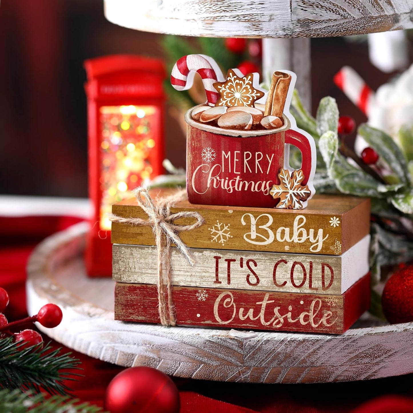 4 Pcs Christmas Table Decor Wooden Hot Cocoa Decoration Christmas Centerpiece Winter Tiered Tray Decor Decorative Red Hot Cocoa Block Signs Gift Farmhouse Xmas Decoration for Home Kitchen