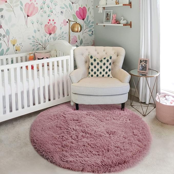 Blush Pink Big Round Rug 8Ft for Kids Bedroom, Large Fluffy Fuzzy Furry Circle - Image 8