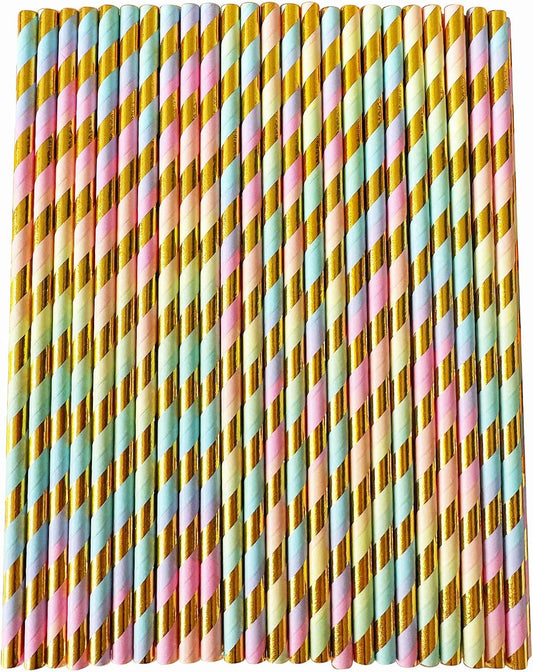 YAOSHENG [100 Pack] Pink & Gold Paper Straws Disposable, 100% Biodegradable Multi-Pattern Party Straws For Birthday, Wedding and Holiday Decoration (Seven Colors)