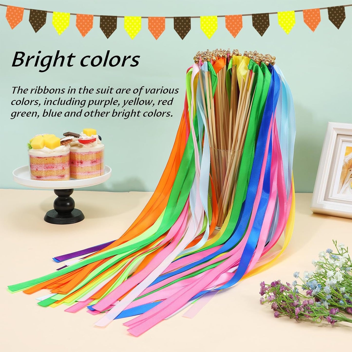 100Pcs Multi-Color Ribbon with Gold Bell, Fairy Wands Chromatic Silk Wish Wand Streamers Sticks for Wedding Send Off, Bridal Shower Party Photo Props, Birthday, Pride Parade Decorations