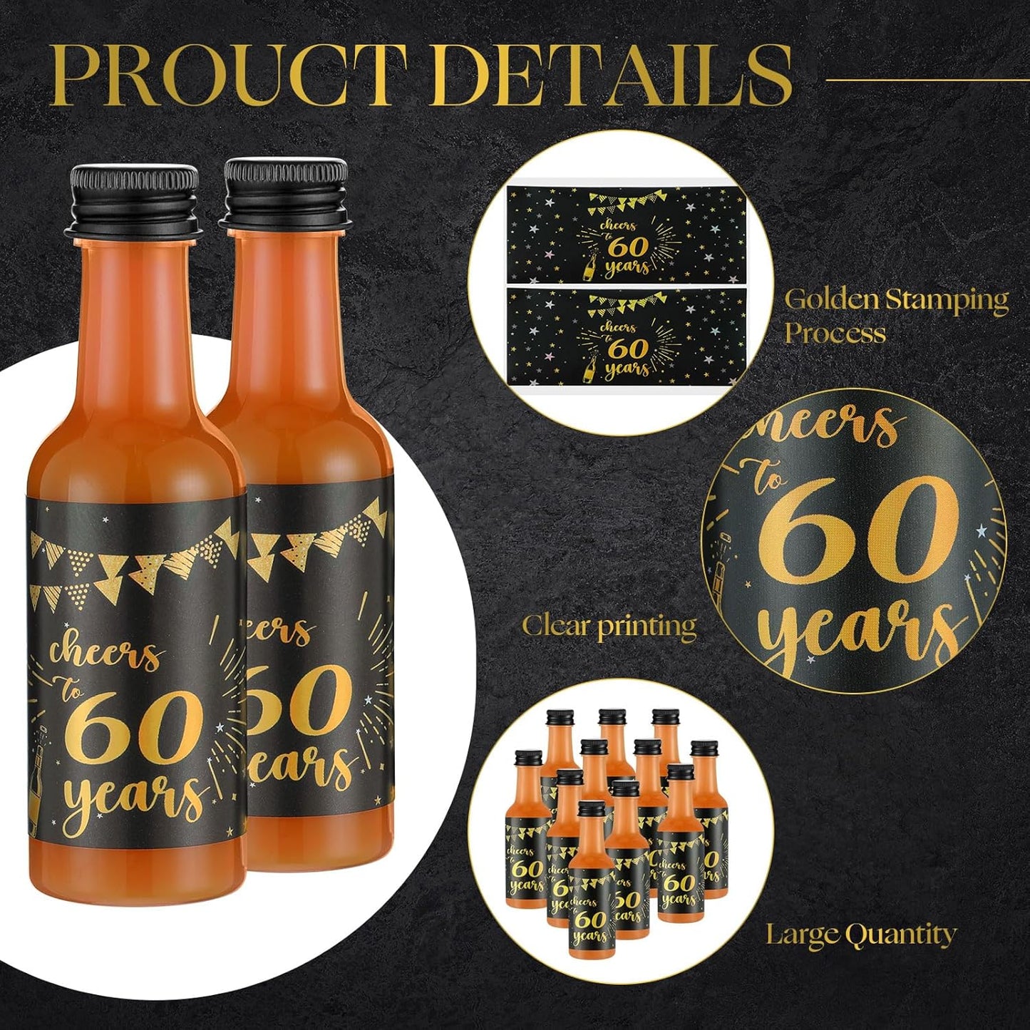 Vesici 50 Pack Mini Liquor Bottles 1.7oz Shot Mini Wine and Champagne Bottle Birthday Sticker with 2 Funnels Birthday Party Favor for Adult Guest Women Men Anniversary Celebration(Cheers to 60 Years)