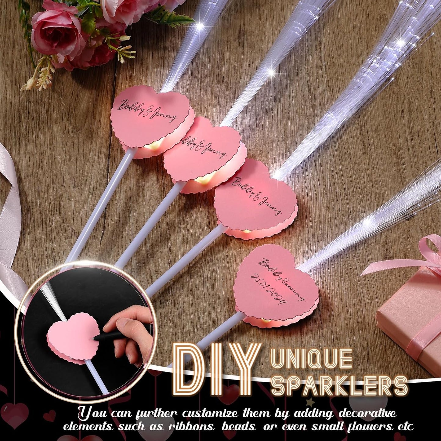 50 Pcs Wedding Sparklers Heart Shaped LED Glow Sticks Fiber Optic Wands Light up Wand with 3 Light Mode for Wedding Bridal Shower Birthday Glow in the Dark Party Supplies (Pink)