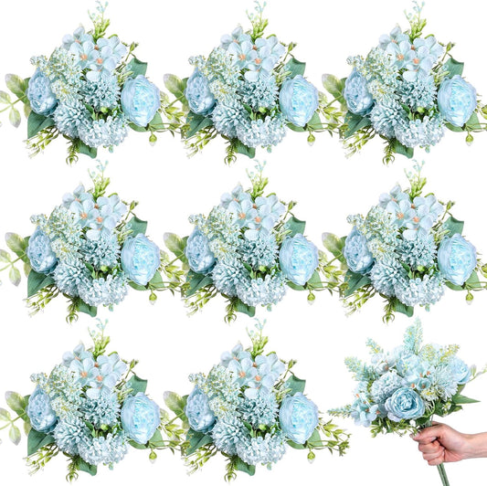 Zeyune 8 Pcs Wedding Silk Flowers Fake Silk Flowers Faux Bouquet Hydrangea Bouquets for Wedding Birthday Party Table Centerpieces Home Decoration(Blue,Peony)