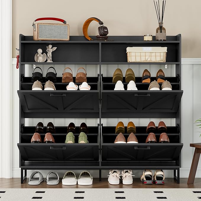 BORNOON Shoe Cabinet with 4 Flip Drawers Narrow Shoe Storage Cabinet Organizer - Image 7