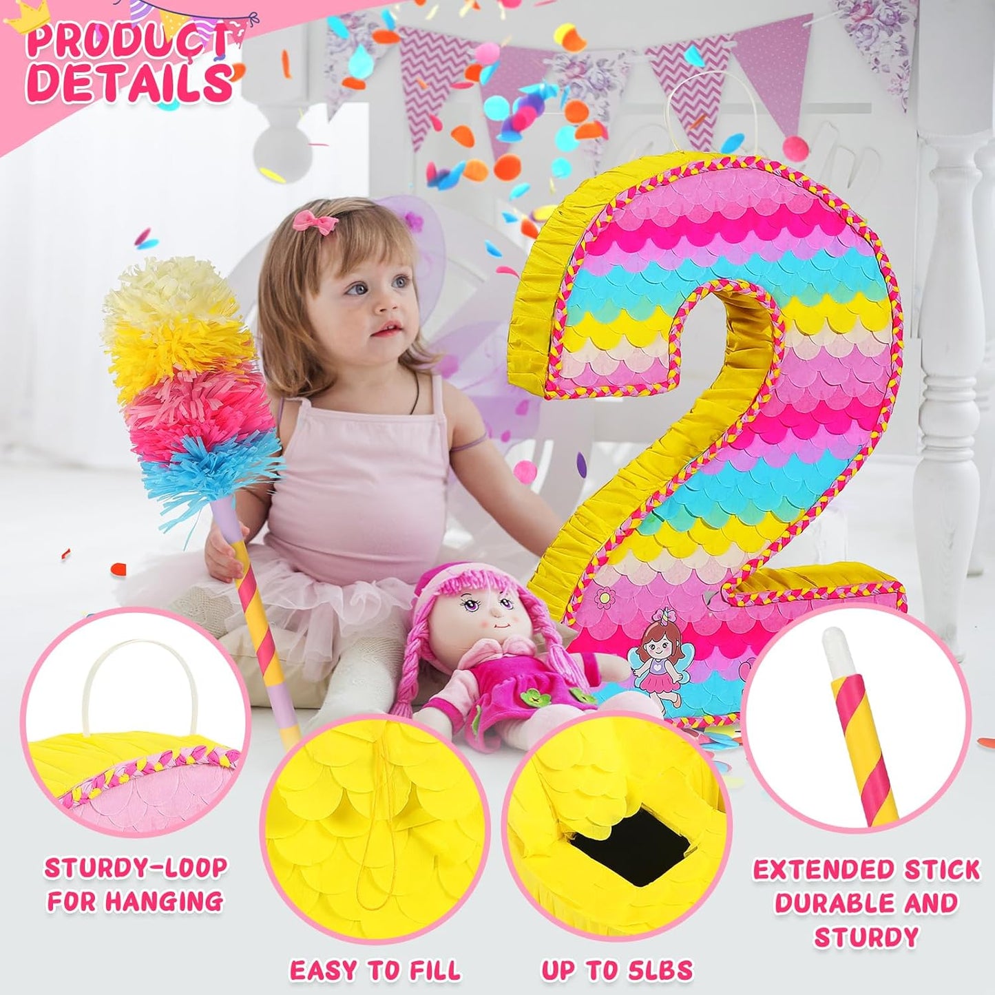Number 2 Pinata for Birthday Party Decorations, Unicorn Mermaid Theme Pink Piñata Games Toy (2th)