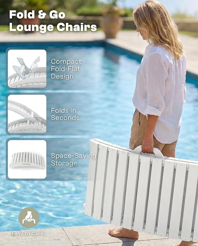 Folding HDPE Pool Lounge Chairs Set of 6, Pre-Assembled Outdoor Chaise Lounge - Image 3