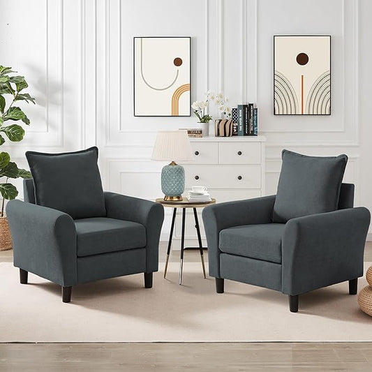 Mid-Century Accent Chairs Set of 2, Modern Linen Fabric Armchair by Chireca