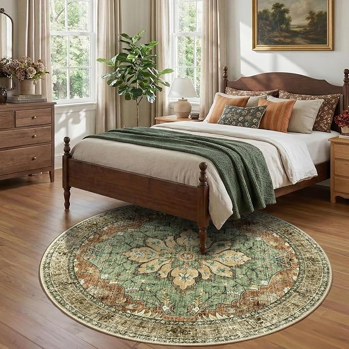 RELEANY Area Rugs Round 7ft Washable Non-Slip, Floral Vintage Distress Print - Image 2