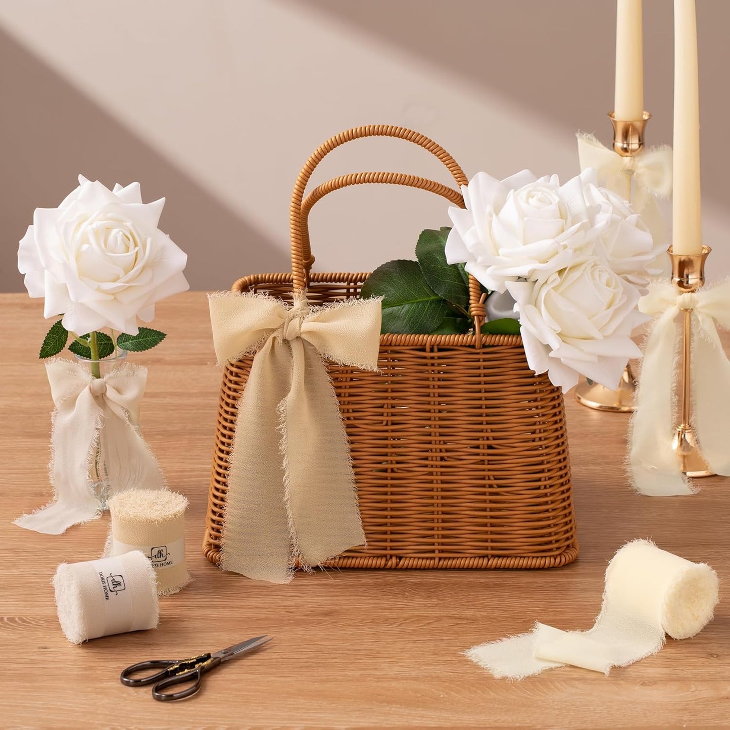 DORIS HOME 2" x21Yd Chiffon Ribbon for Flower Bouquet, Sand & Nude Fabric Ribbon for Gift Wrapping, Handmade Frayed Ribbon for Wedding/Christmas Decorations