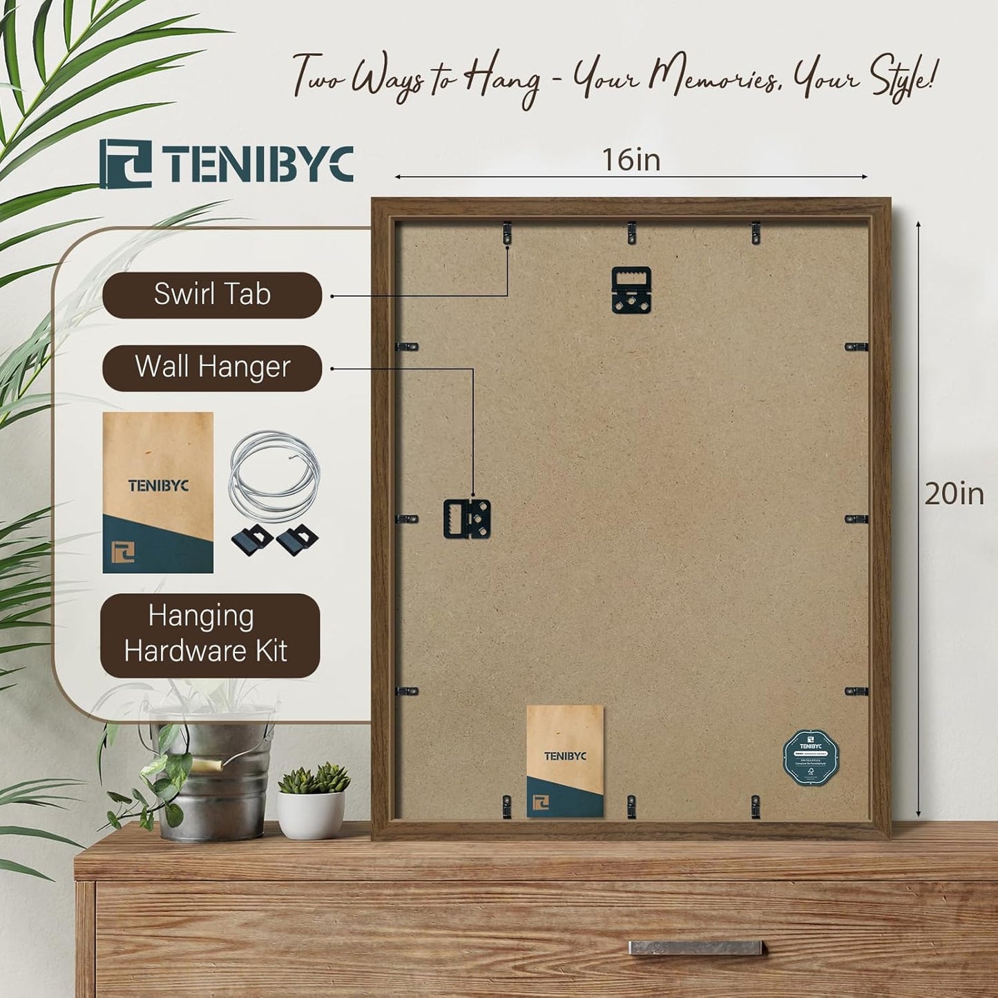 16x20 Picture Frame Set of 3 - Brown Woodgrain, Wood Poster Frame, HD Tempered Glass, Wall Gallery Hanging