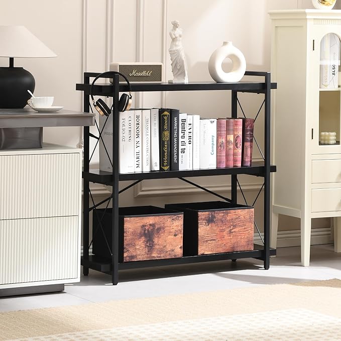 HCHQHS Bookshelf, 3-Tier Industrial Bookcase, Freestanding Horizontal - Image 2