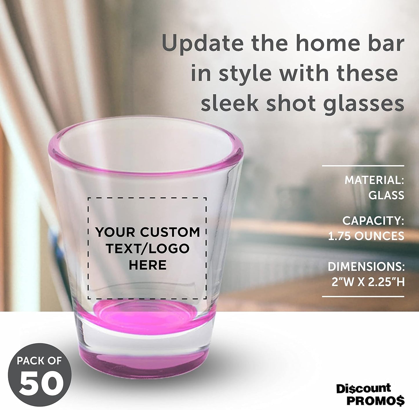 Custom Shot Glasses 1.75 oz. Set of 50, Personalized Bulk Pack - Great for Wedding Favors, Bachelorette Party Decorations, Party Fovors, Color Bottom - Pink