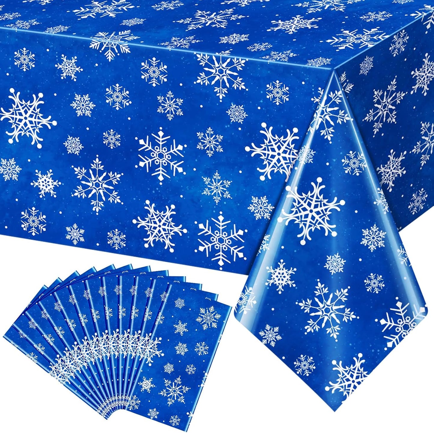 Jectivs 12 Pieces Christmas Snowflake Plastic Party Tablecloth Decorations,White Snowflake Blue Xmas Backdrop Sign Table Cover Banner for Winter Christmas Holiday Party Supplies,54x108 inch (Blue)