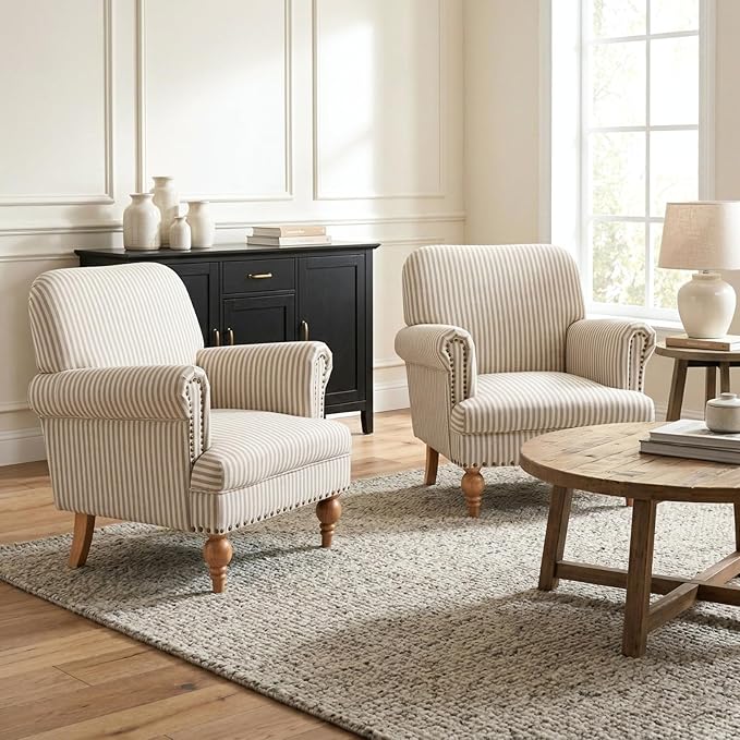 Khaki Striped Linen Fabric Accent Chair, Modern Farmhouse Upholstered Armchair - Image 8