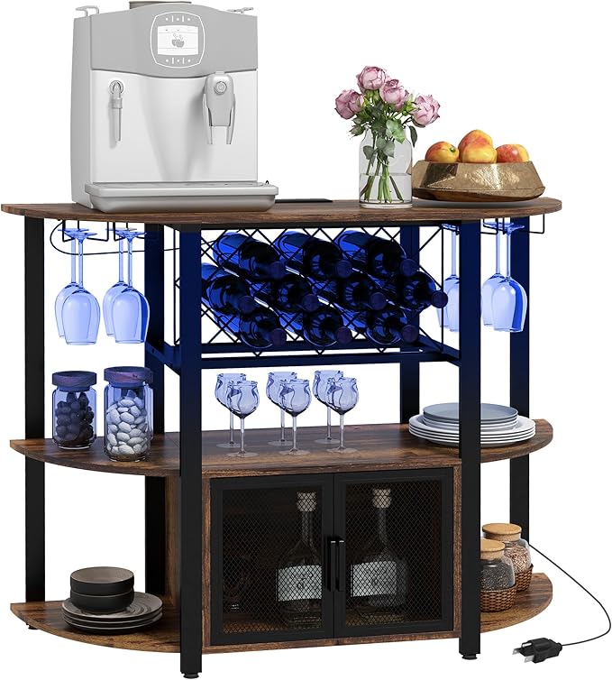 HOMCOM Wine Bar Cabinet with Charging Station and LED Lights, Industrial Liquor by HOMCOM