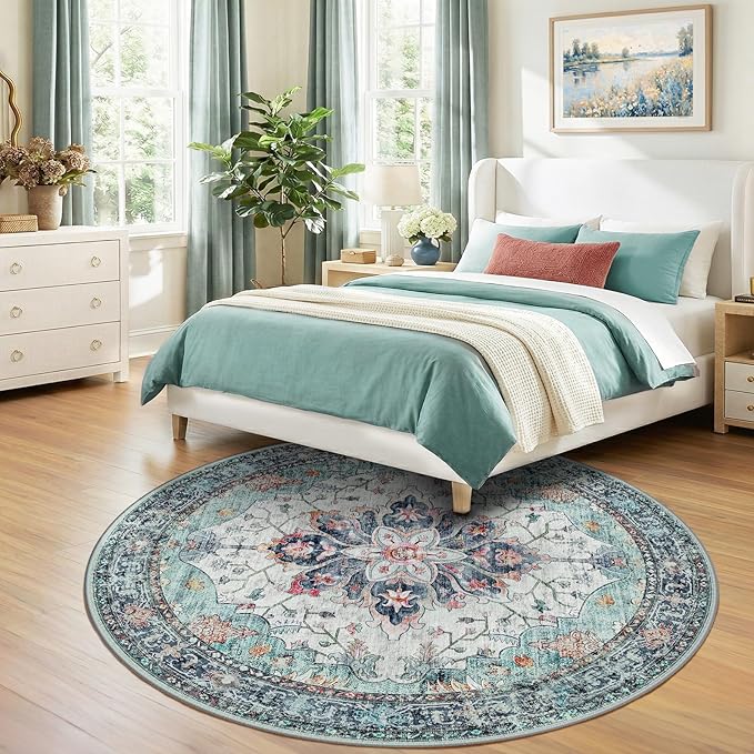 RELEANY Area Rugs Round 7ft Washable Non-Slip, Floral Vintage Distress Print - Image 2