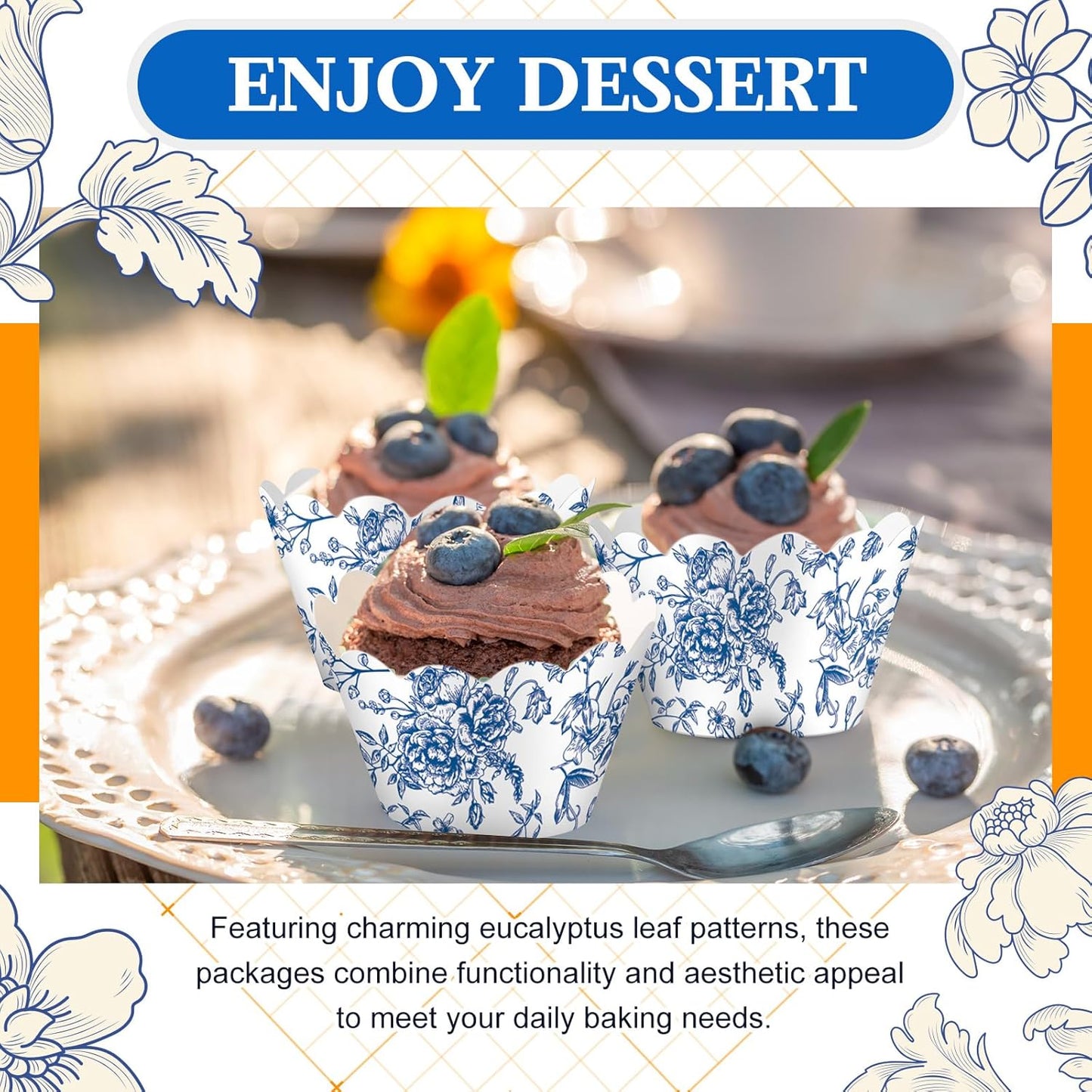 Domensi 100 Pcs Blue Floral Cupcake Wrappers Rustic Cupcake Liners Baking Cups Baking Liners for Wedding Bridal Baby Shower Birthday Party Supplies Dessert Decoration, Blue