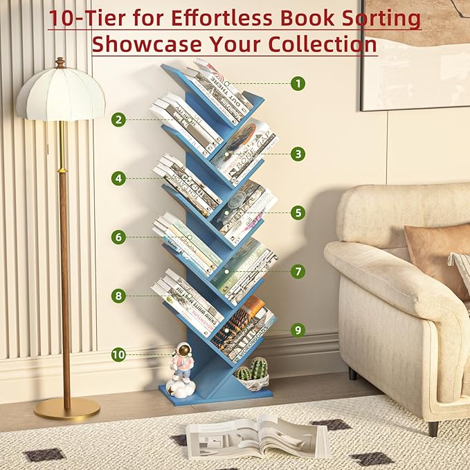 SHEEPAM 10 Tier Tree Book Shelf, Floor Standing Wood Bookshelf - Image 4