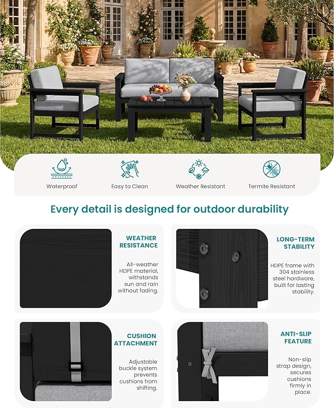SERWALL 3 Pieces HDPE Outdoor Sofa Bistro Set - Image 4