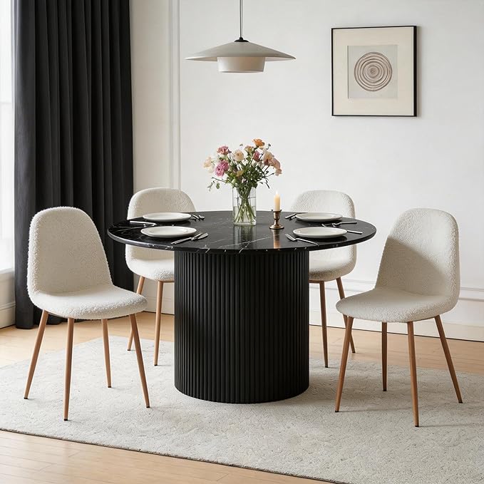 Dining Table Set for 4, Mid Century Modern 47 Inch Black Marble-Look Wooden - Image 5