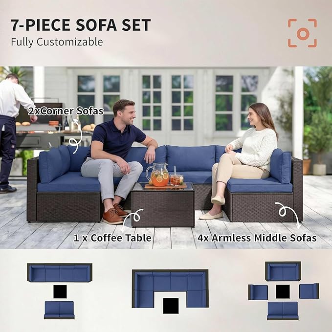 Outsunny 7 Piece Patio Furniture Set, Wicker Outdoor Sectional Sofa Set - Image 6