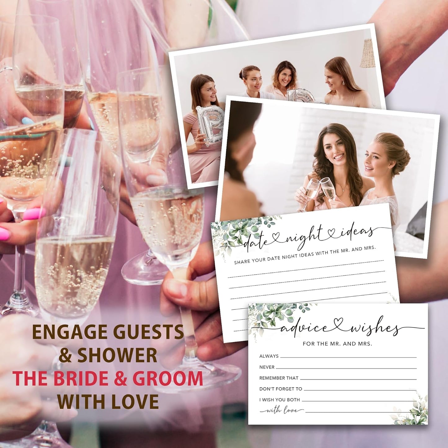 50 Pcs Advice and Wishes for the Mr and Mrs Cards in Box - Bridal Shower Guest Book - Perfect for Newlywed Games, Reception Decor, Engagement Parties & Anniversary Wishes(Greenery) - B04