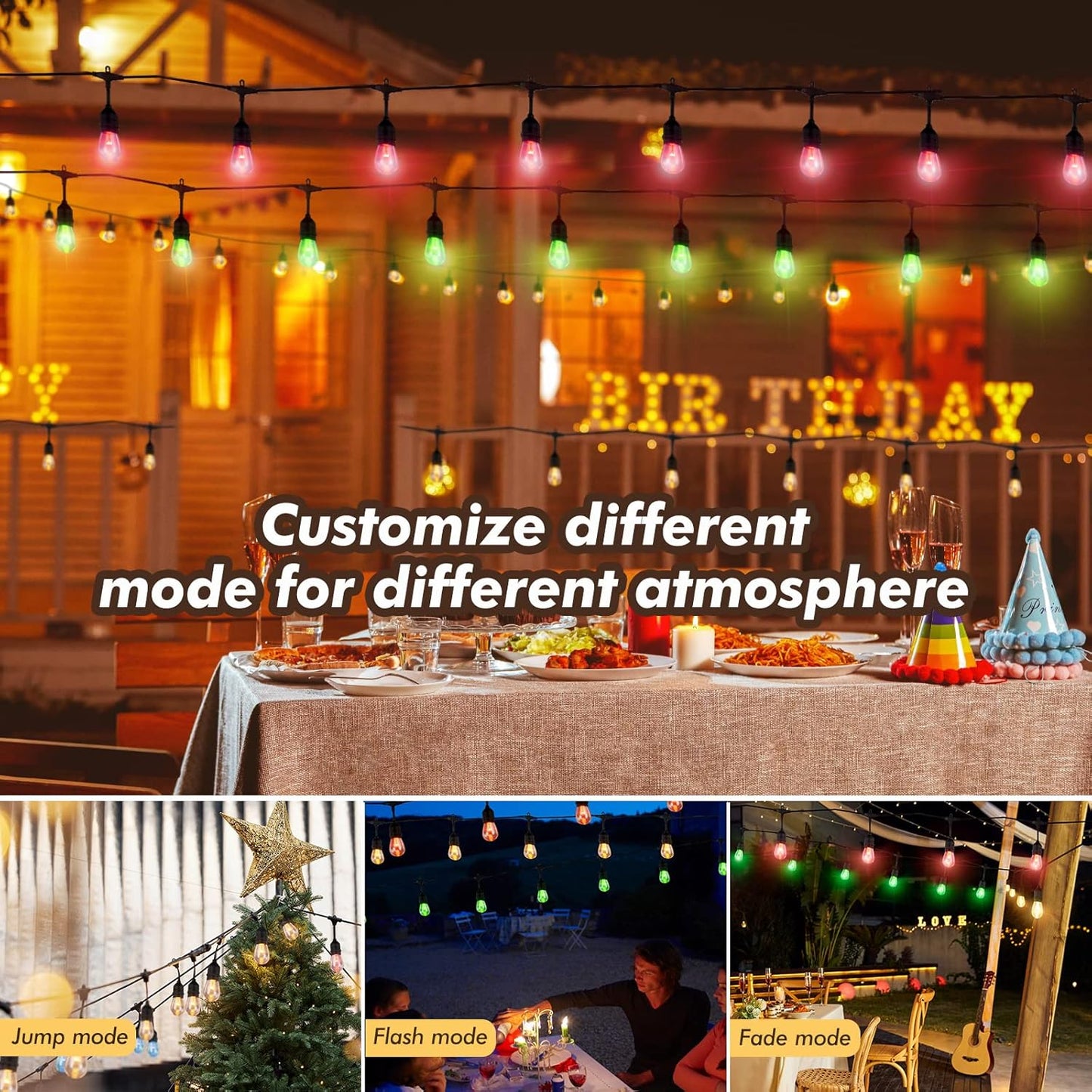 48FT RGB Outdoor String Lights, 15 Shatterproof Edison LED Bulbs, Waterproof Color Changing Patio Lights with Remote. Dimmable Decorative Lighting for Backyard, Camping.