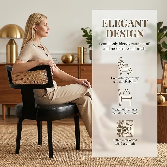 HNY Mid Century Modern Rattan Dining Chairs Set of 6, Farmhouse PU Leather - Image 5