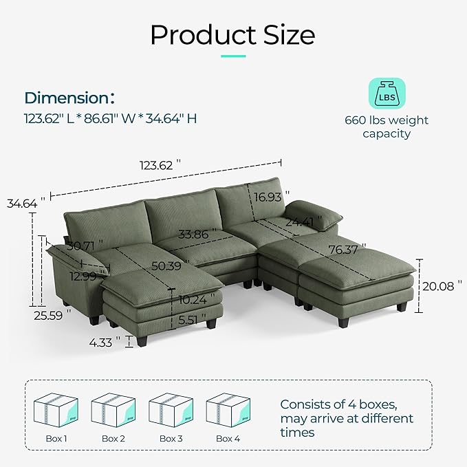 LINSY HOME 123" Modular Sectional Sofa, 3-Seat Corduroy Modern Cloud Couch - Image 2