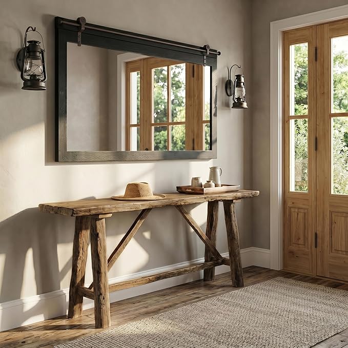 27"x49" Large Black Barn Door Mirror, Solid Wood Framed Accent Wall Mirror - Image 2