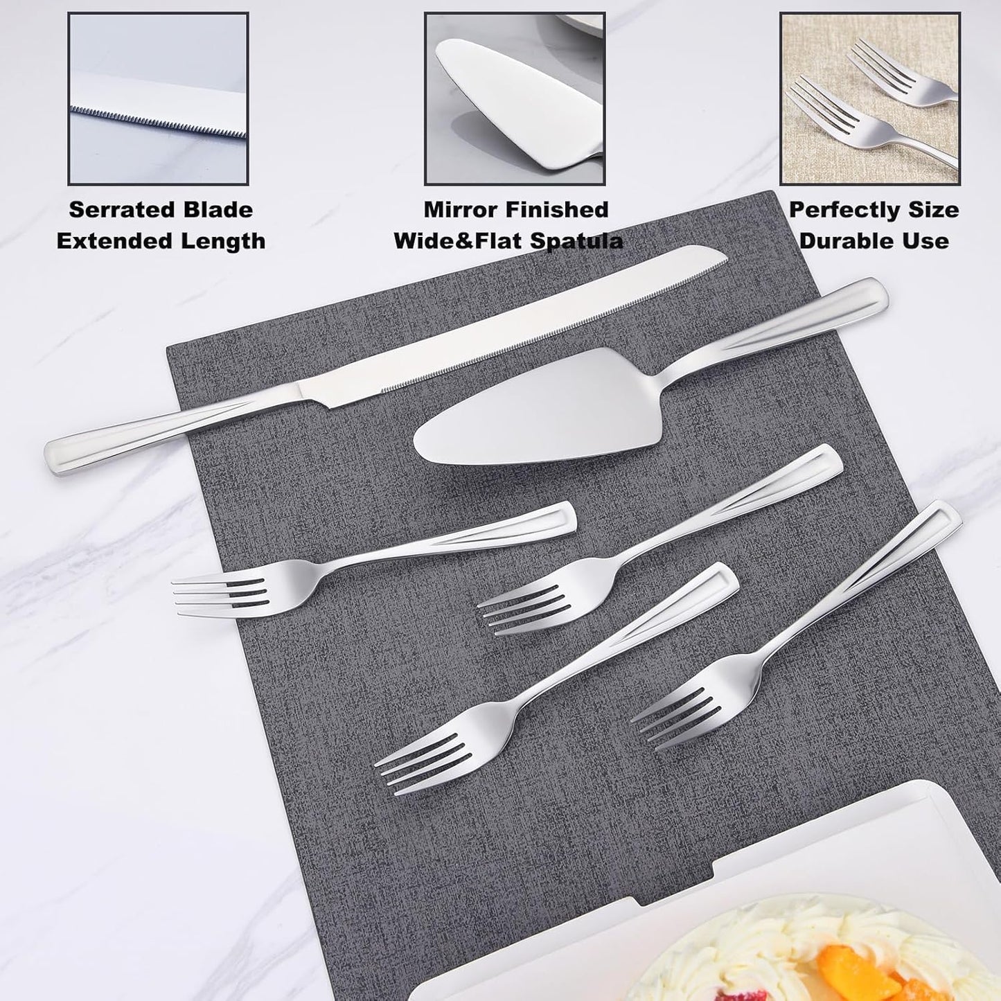 GoGeiLi Cake Knife and Server Set with 4 Salad Forks, Heavy-Duty 18/0 Stainless Steel Cake Cutting Set for Wedding Birthday Parties Anniversary, Dishwasher Safe