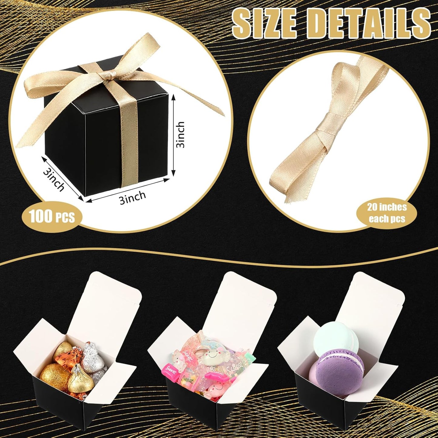 Jutom 100 Pcs Mini Favor Boxes Extra Small Candy Boxes Paper with Gold Ribbon for Christmas Thanksgiving Day Birthday Wedding Anniversary Supplies(3 x 3 x 3 Inch,Black)