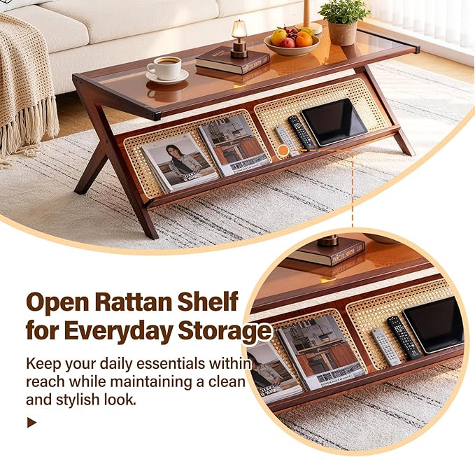 Tiita Rattan Coffee Table, Bamboo Accent Bedside Tables, Glass Nightstand Side - Image 7