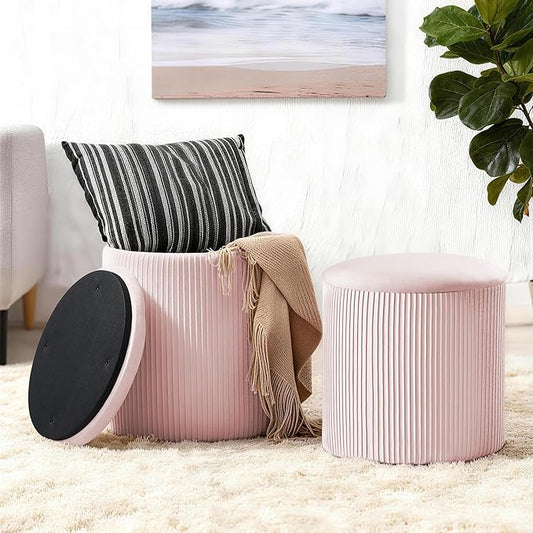 Set of 2 Round Storage Ottomans, Velvet Footstool Pouf by Canpsky