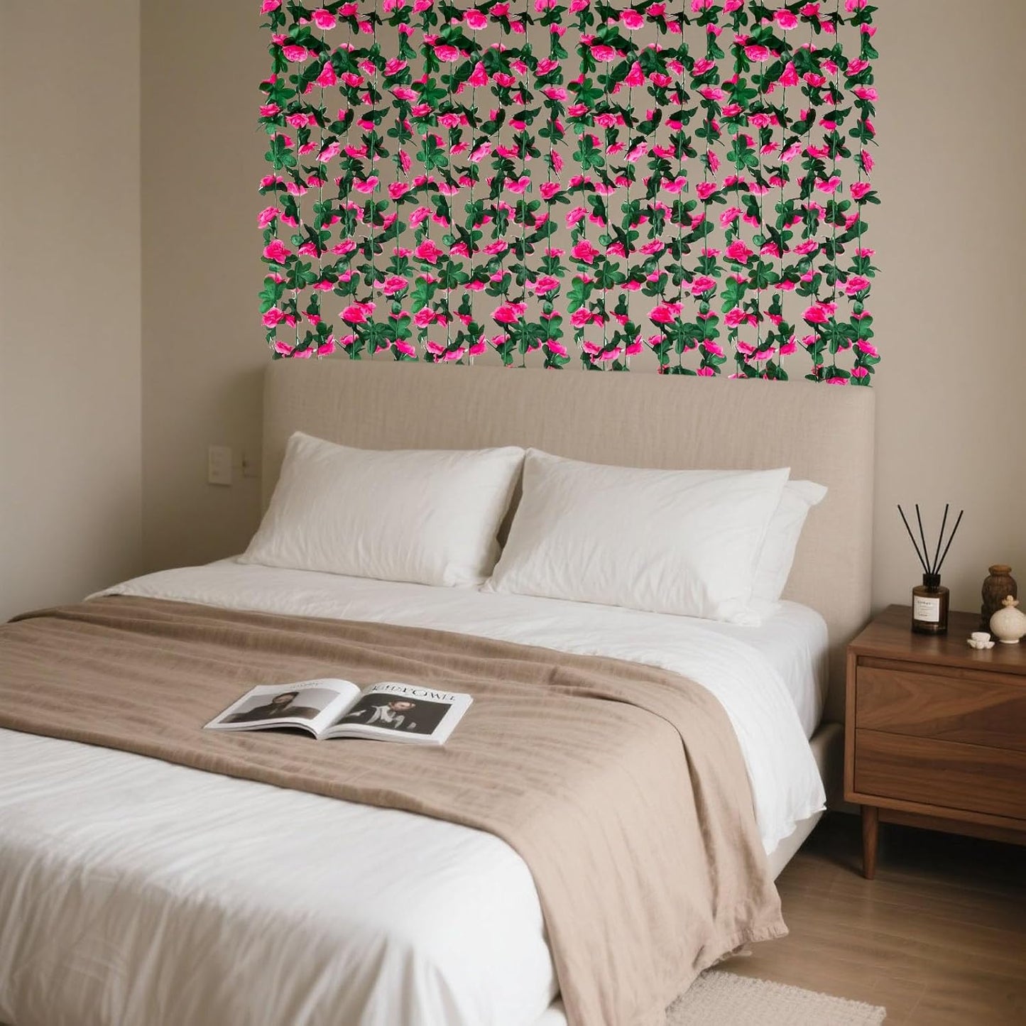 8Pcs 63Ft Fuchsia Rose Garland, Fake Rose Hanging Flowers, Artificial Flower Vine, Hanging Floral Vine Garland for Wedding, Birthday Party, Wall Arch, Halloween, Christmas Garden Backdrop Decor