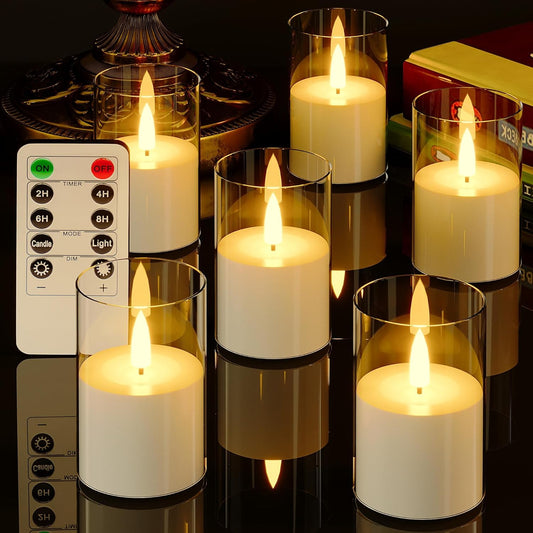 6Pack Flickering Flameless LED Candles with Remote & Timer, Battery Powered - Small Pillar & Votive, Clear (2"X3")