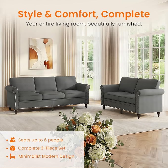 Living Room Sofa Sets 2 Piece, Modern 3 Seater Sofa and Loveseat Couch Sets - Image 3