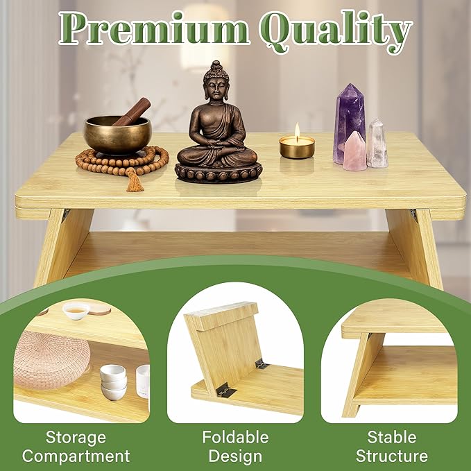 Floor Table, Altar Table Paulownia Folding Design, Low Meditation Table - Image 4