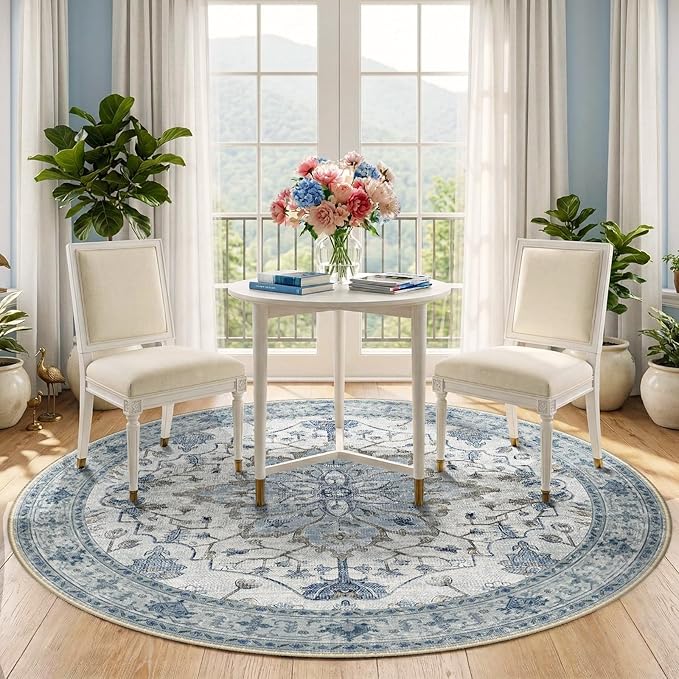 RELEANY Area Rugs Round 5ft Washable Non-Slip, Floral Vintage Distress Print - Image 3