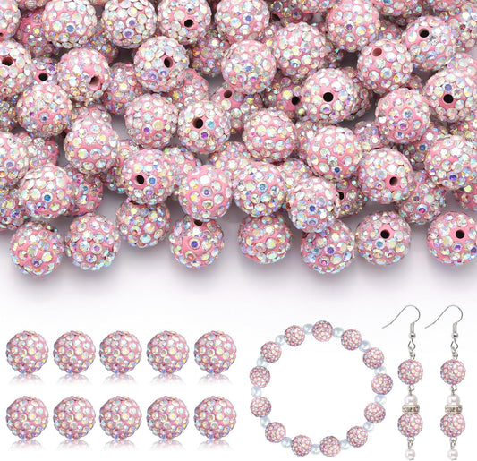 105pcs 10mm Rhinestone Beads for Jewelry Making, Pink AB Shiny Round Disco Ball Beads Bulk, Sparkle Crystal Clay Christmas for Bracelet Baseball Necklace Earring Crafting and DIY