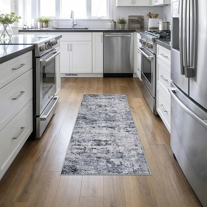 2'x5'Runner Rug Washable Rug: Modern Abstract Soft Thin Runner Rug Grey by FXRHLP
