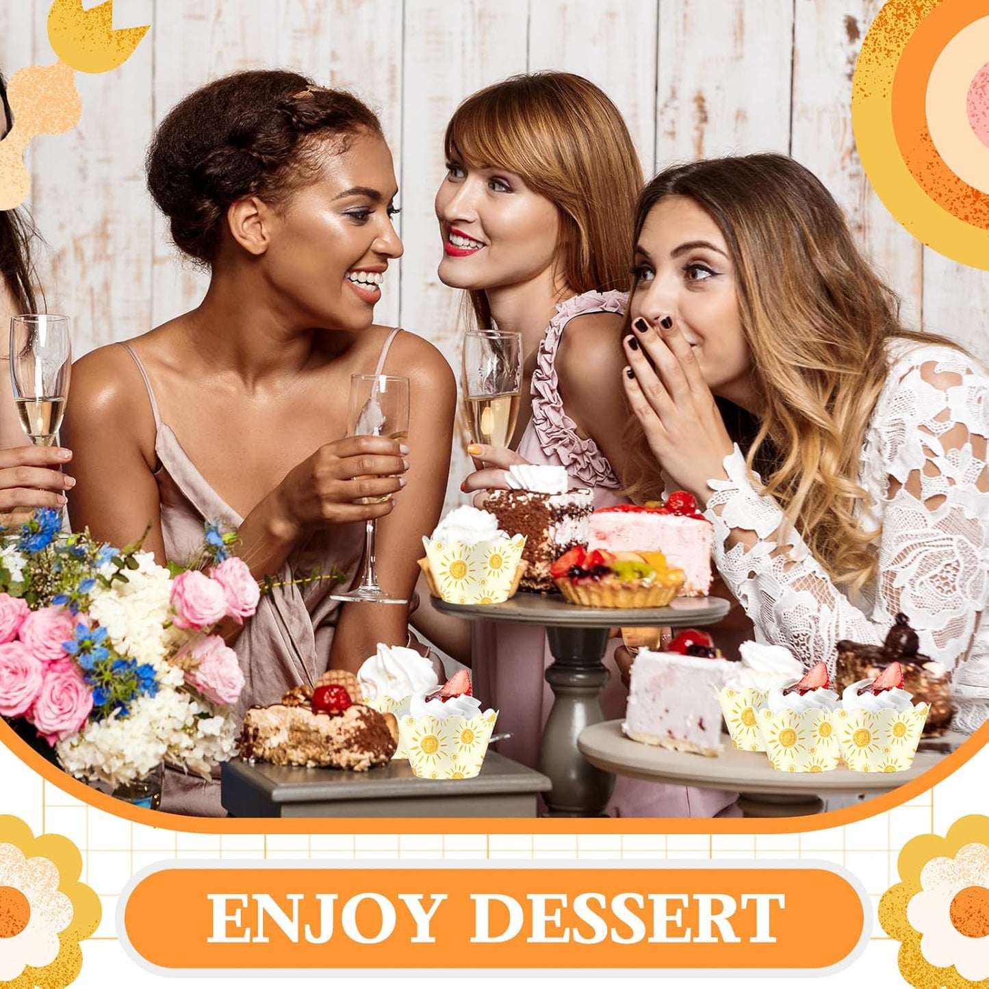 Domensi 100 Pcs Bohemian Sun Cupcake Wrappers Rustic Yellow Sunshine Cupcake Liners Baking Cups Baking Liners for Summer Picnic Wedding Bridal Baby Shower Birthday Party Supplies Dessert Decoration