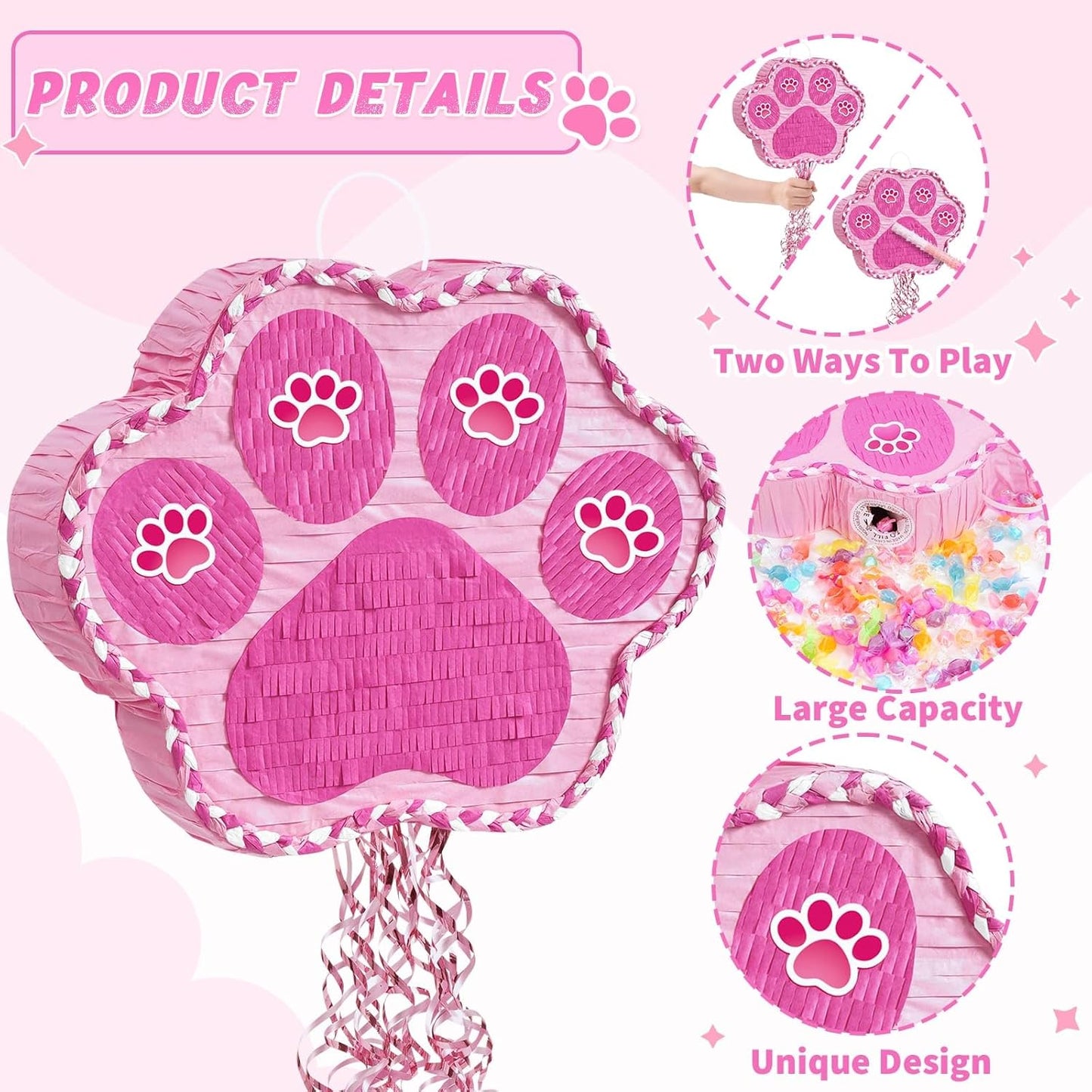 WERNNSAI Pink Dog Paw Pinata - Dog Pinata Pet Theme Party Games Pink Girl Style Puppy Paw Party Decorations Animal Party Supply for Kids Birthday with Blindfold