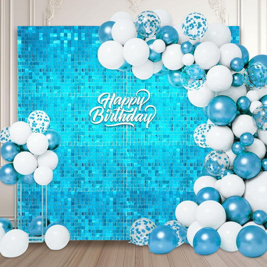 24PCS Lake Blue Shimmer Wall Backdrop, Square Sequin Backdrops Panel, Glitter Wall Background for Birthdays, Weddings, Graduation, Engagements, Disco Bachelorette Party Decoration (4FTx6FT)