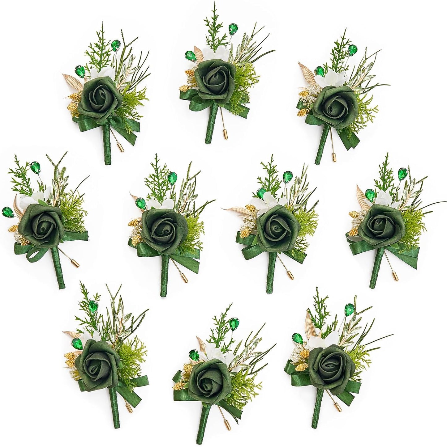 Serwalin 10Pcs Boutonniere for Men, Green Groom and Best Man Boutonniere, Artificial Flowers for Wedding Decor Prom Homecoming Ceremony Anniversary Formal Dinner Party