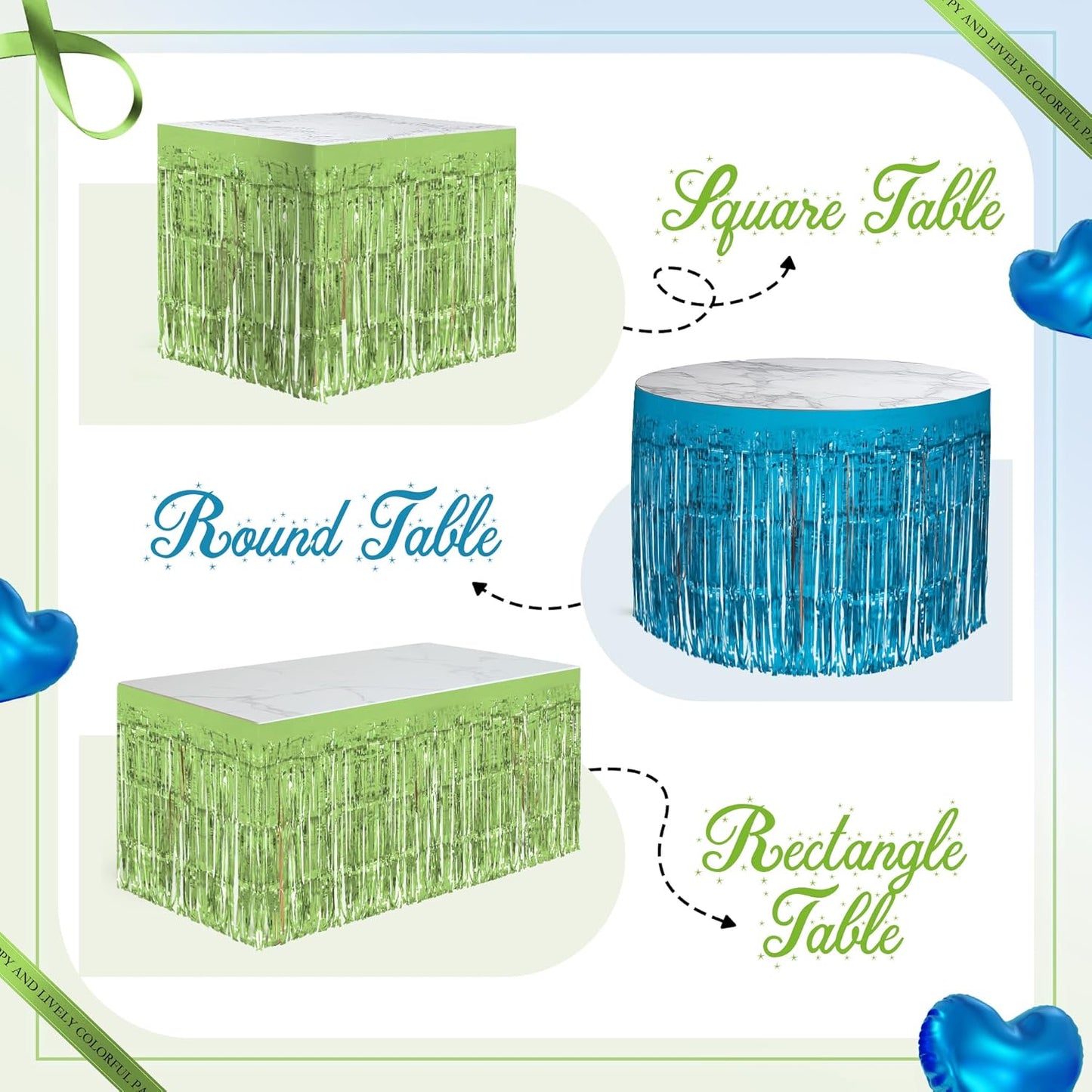 2 Pack Lake Blue Lime Green Table Skirts, 29x108" Metallic Foil Tinsel Fringe Table Skirt for Rectangle Tables Streamer Curtains Backdrop, Party Decorations for Birthdays, Weddings, Holidays